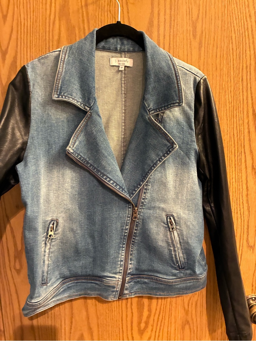 Denim Moto Jacket with Leather Sleeves from J Society